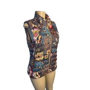 Women M L Anthropologie Pure + Good Gray Floral Print Puffer Zip Vest Down Fill